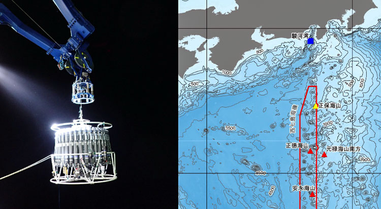 環境ＤＮＡ調査に使われたロゼット型採水器。1本12リットルのボトルが計36本搭載されている（左）。ヨコヅナイワシの生息が確認された地点（右、赤い三角印）＝いずれも海洋研究開発機構提供