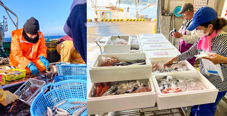 【写真左】駿河湾で漁船に乗り、水揚げされた深海魚の仕分けをする青山沙織さん、【写真右】深海魚を発泡スチロール箱に詰め、発送の準備をする青山さんら＝いずれも本人提供